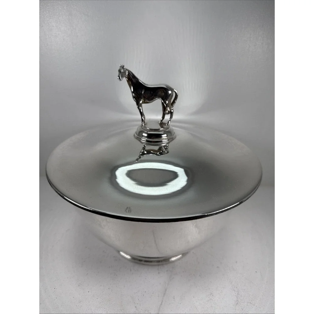 Authentic Vintage silver horse racing bowls Costume Horse On The Lid Unique.
